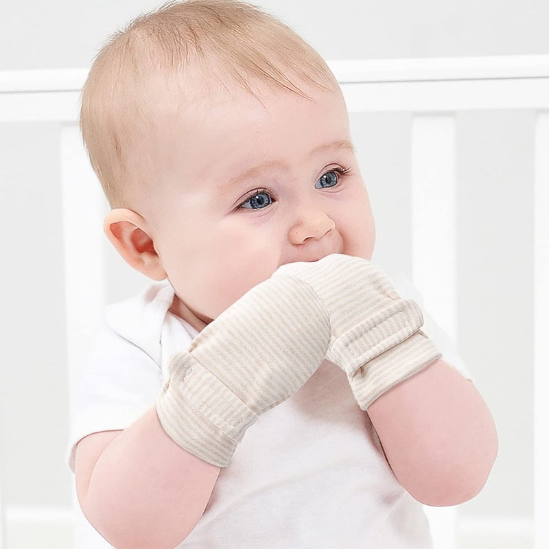 Reyow Newborn Baby No Scratch Mittens Stay On, 100% Cotton Breathable, Adjustable Infant Gloves for Baby Boys Girls Mittens (Khaki Stripe, 3-12 Months) - Image 4